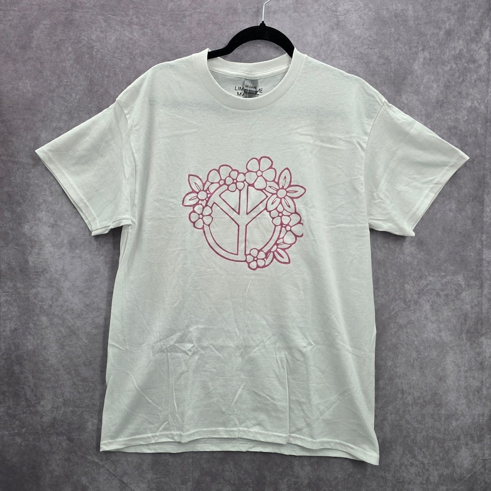 Flower Peace Pink White Boho Handmade Cotton Tshirt Large